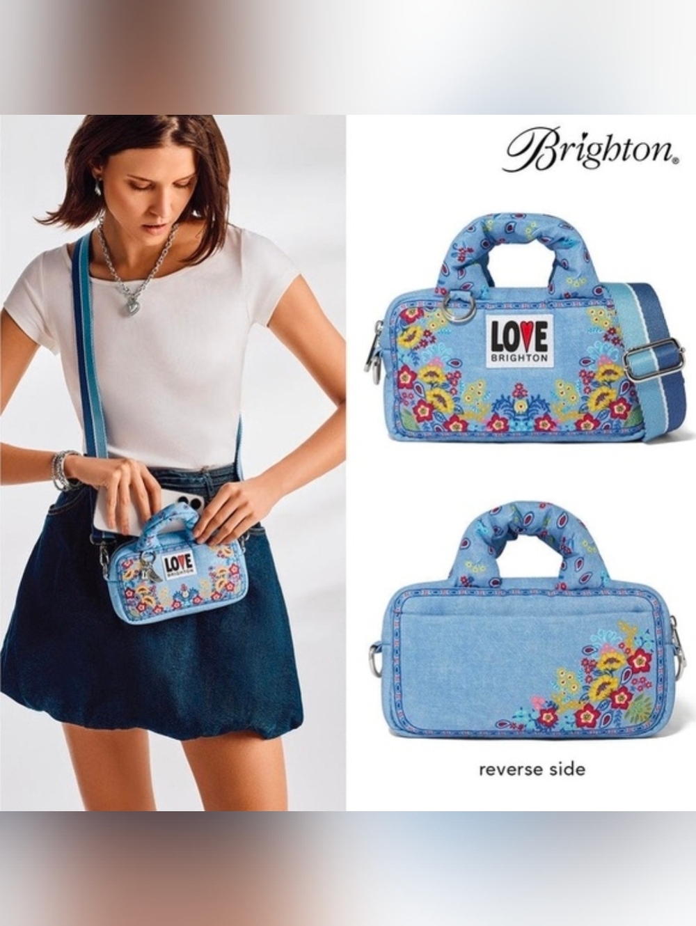 Brighton Denim Floral LOVE Crossbody Bag - Light Blue with Multicolor Embroidery